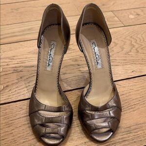 Oscar de la Renta Metallic Bronze Open-Toe D'Orsay Heels